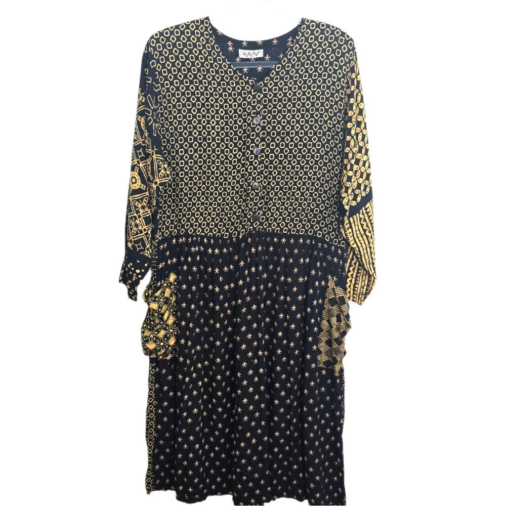 Vintage We Be Bop Midi Dress Lagenlook Art to Wear Rayon Mixed Pattern S